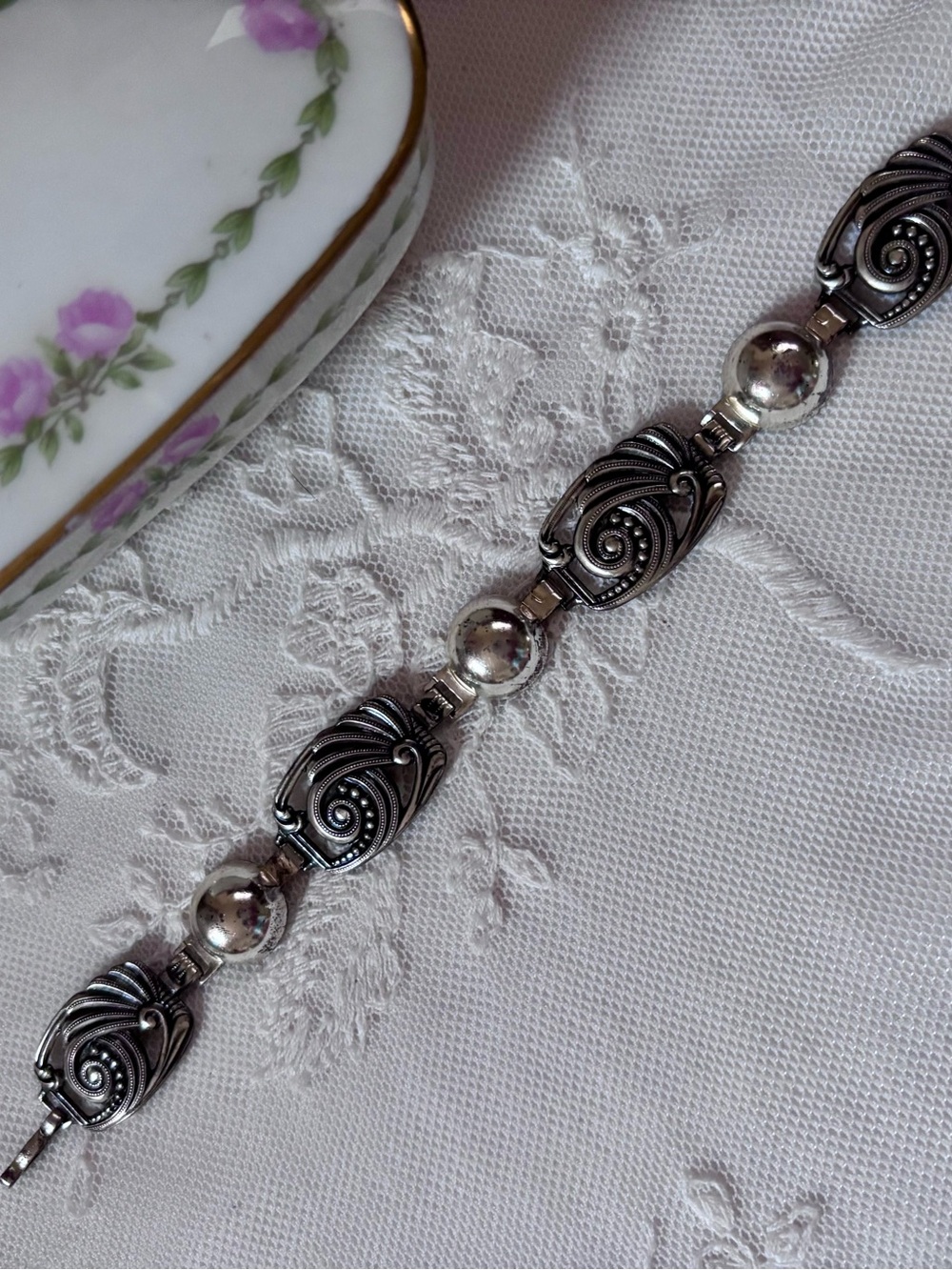 Sterling Silver Art Deco Style Women's Bracelet - Vintage 1920’s Stamped Links - Picture 2 of 14